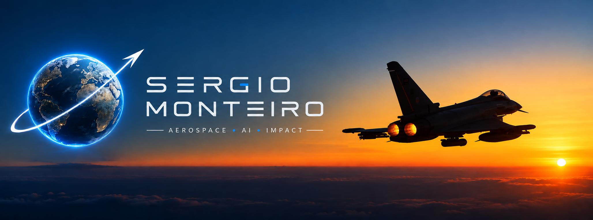 Sergio Monteiro — Aerospace, AI, Impact. A glowing Earth and Eurofighter above the clouds at sunset.